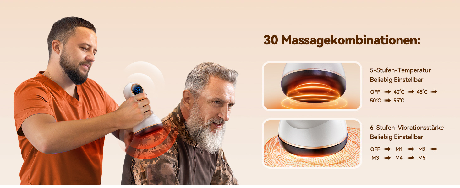Ein jüngerer Mann massiert mit einem Massagegerät die Schulter eines älteren Mannes