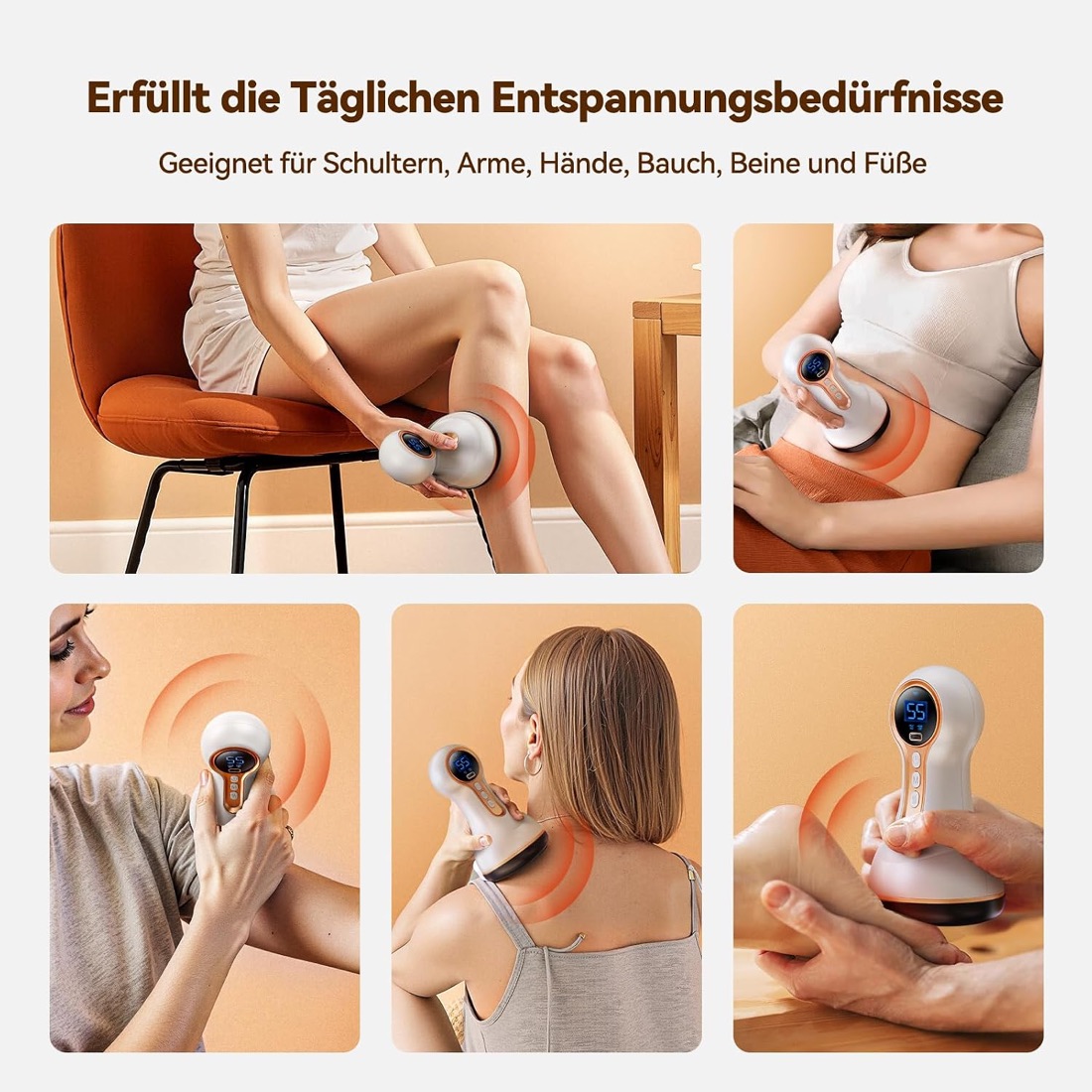 Anwendung des Vibrastone an Knie, Bauch, Hand, Nacken und Fuss