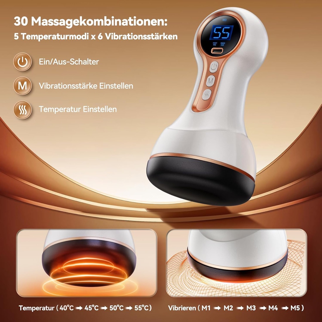 Bedienfeld des Vibrastone mit Ein/Aus-, Vibrations- und Temperaturtaste